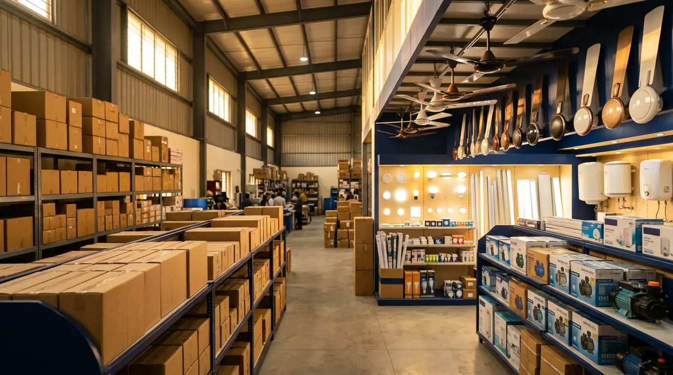 Electrical distribution warehouse stocked with fans, lights, pumps and water heaters